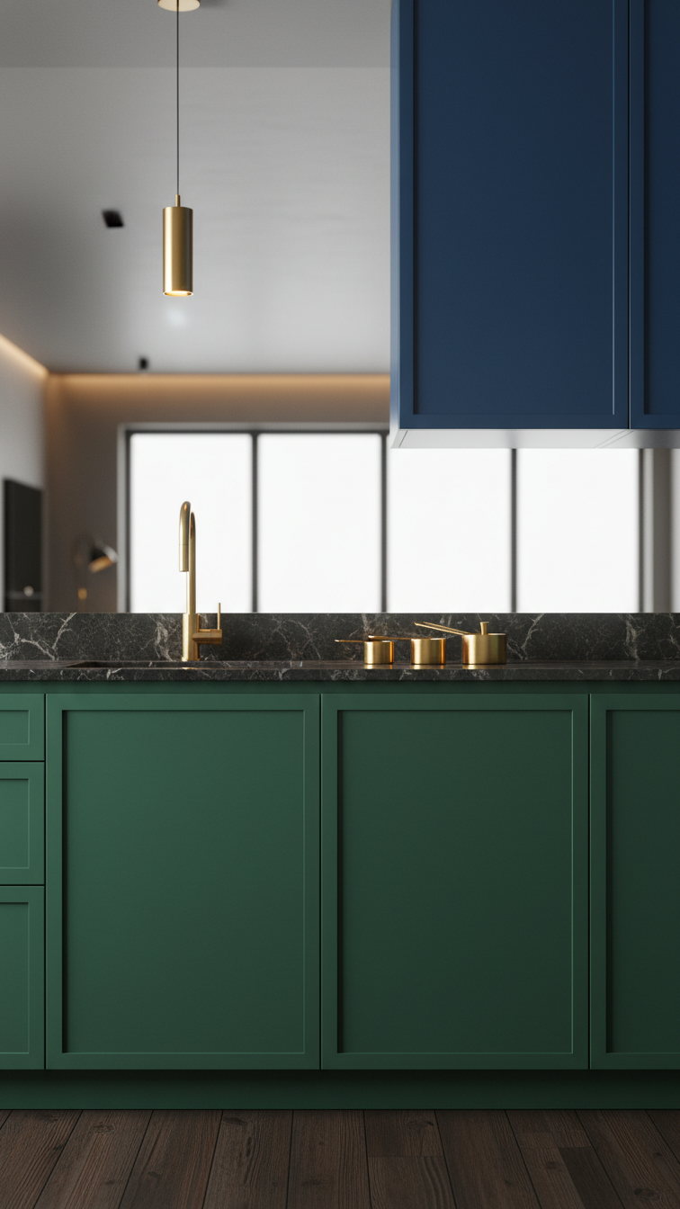Harmonized two-tone kitchen with emerald green lower, sapphire blue upper cabinets, dark marble counter, and gold accents.