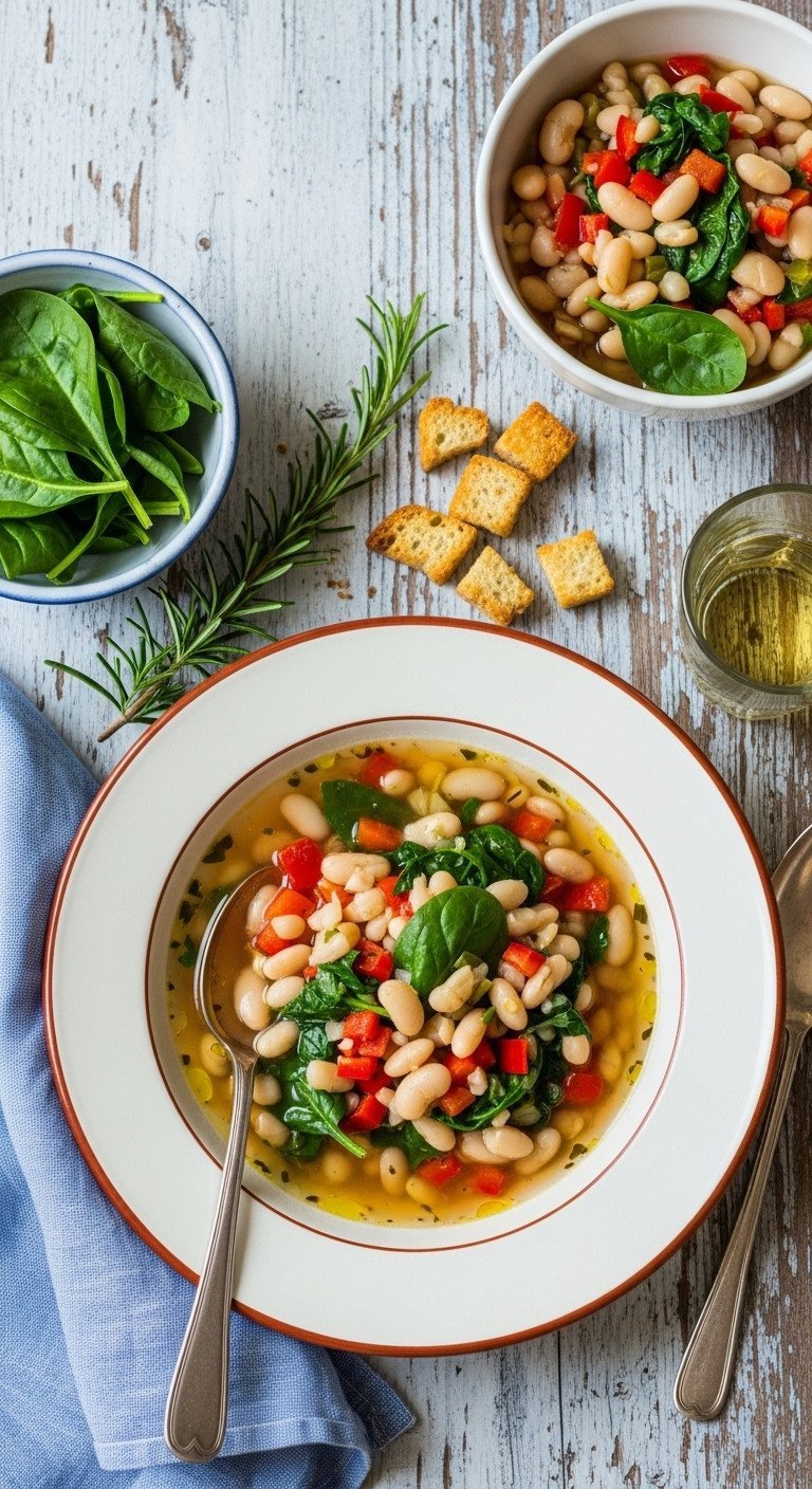 Master 7 Delicious Soup Recipes In Under An Hour 7 Hearty Mediterranean white bean soup with peppers and spinach in a terracotta bowl, garnished with rosemary, on rustic wood.