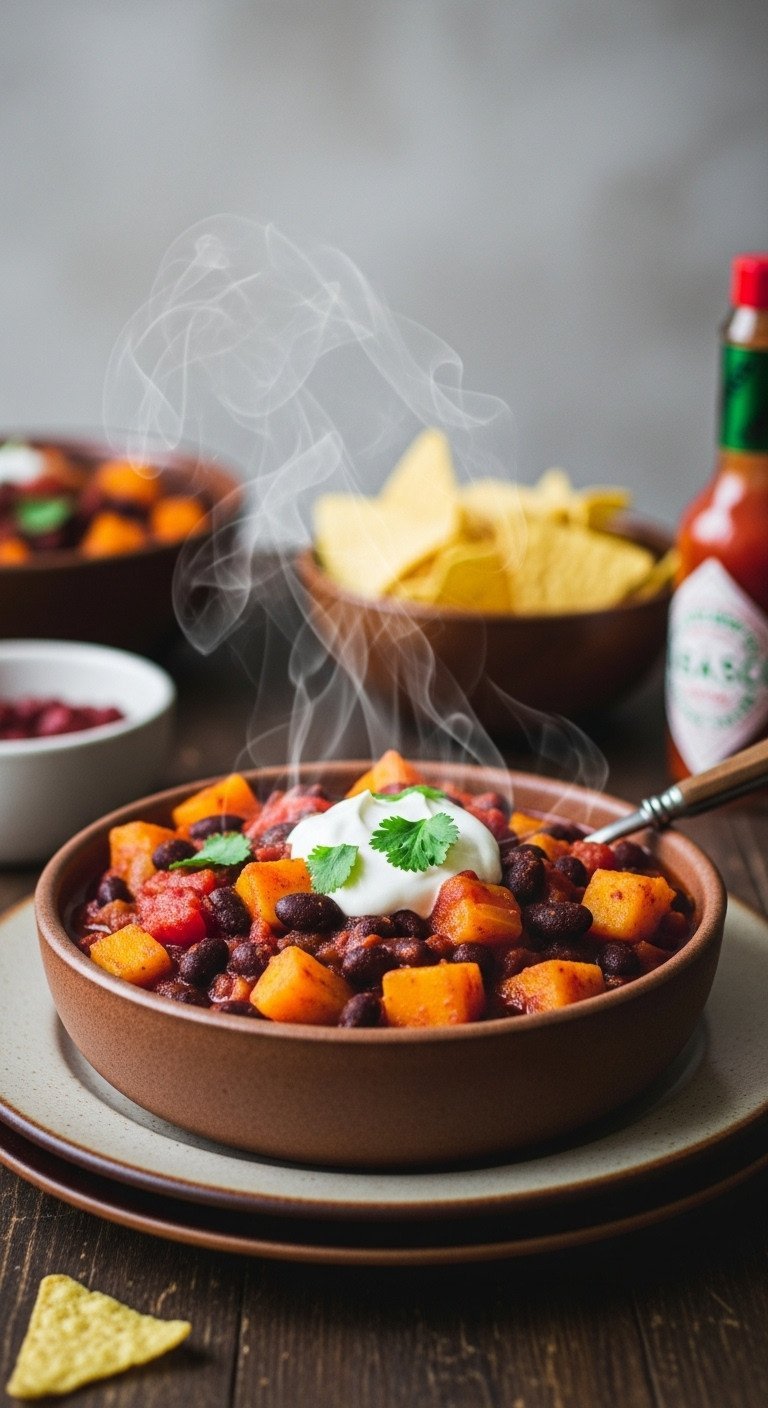 Hearty black bean butternut squash chili with vegan sour cream & cilantro in a rustic ceramic bowl.