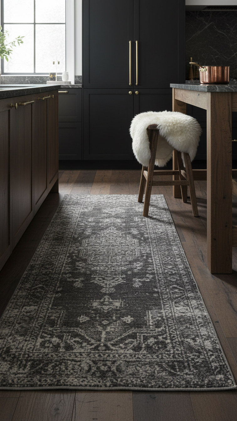 Heavily textured dark charcoal runner rug in a moody kitchen with matte black cabinetry and a wooden stool.