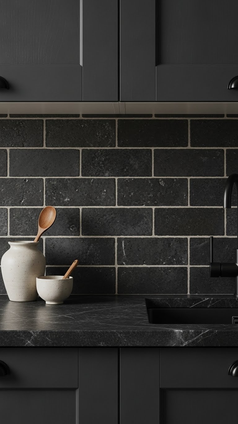 Heavily textured dark subway tile backsplash with visible grout lines, contrasting with a matte countertop and matte black hardware.
