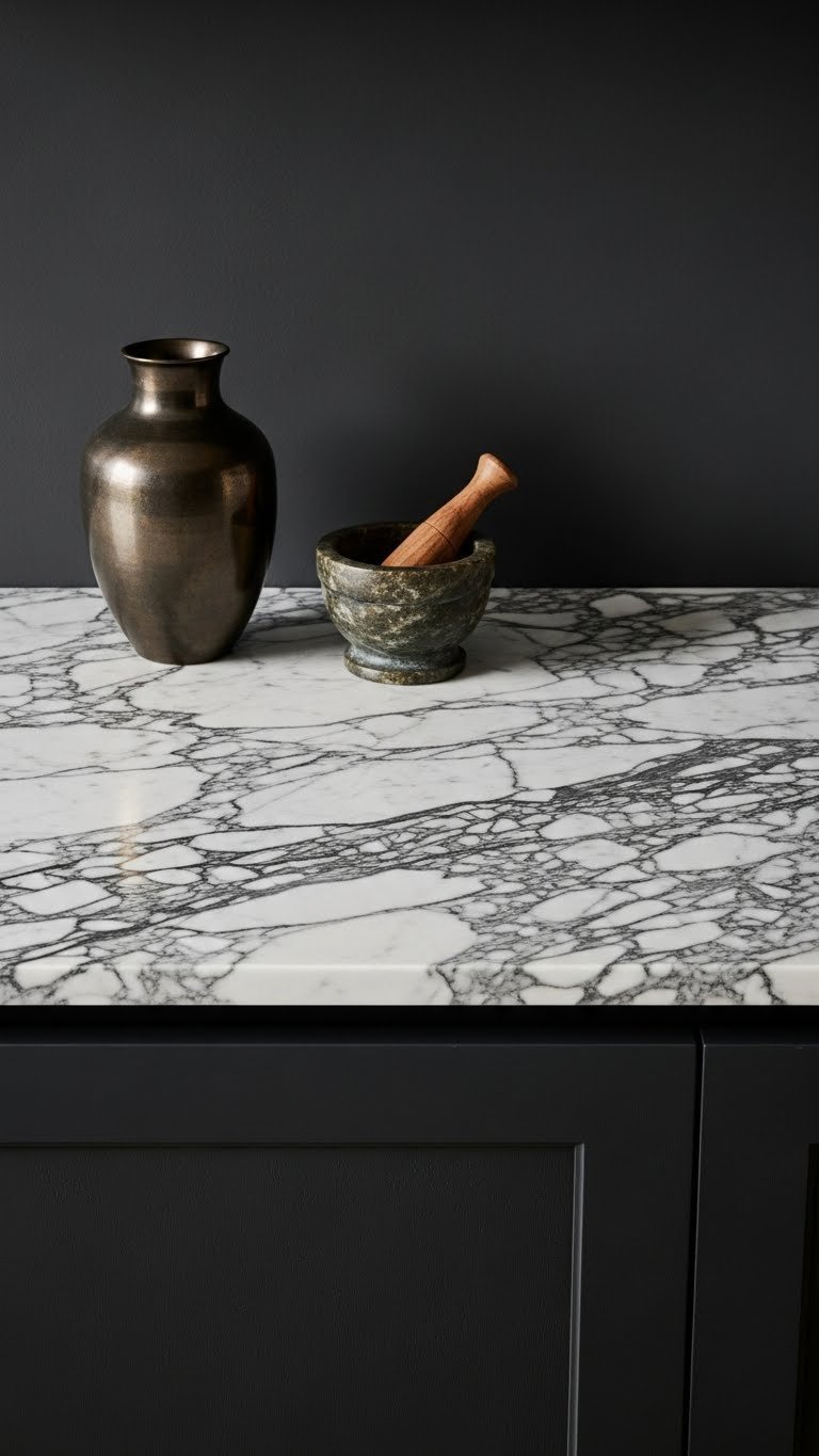 Heavily veined black and white marble countertop contrasting with a charcoal gray wall, featuring a bronze vase and mortar.
