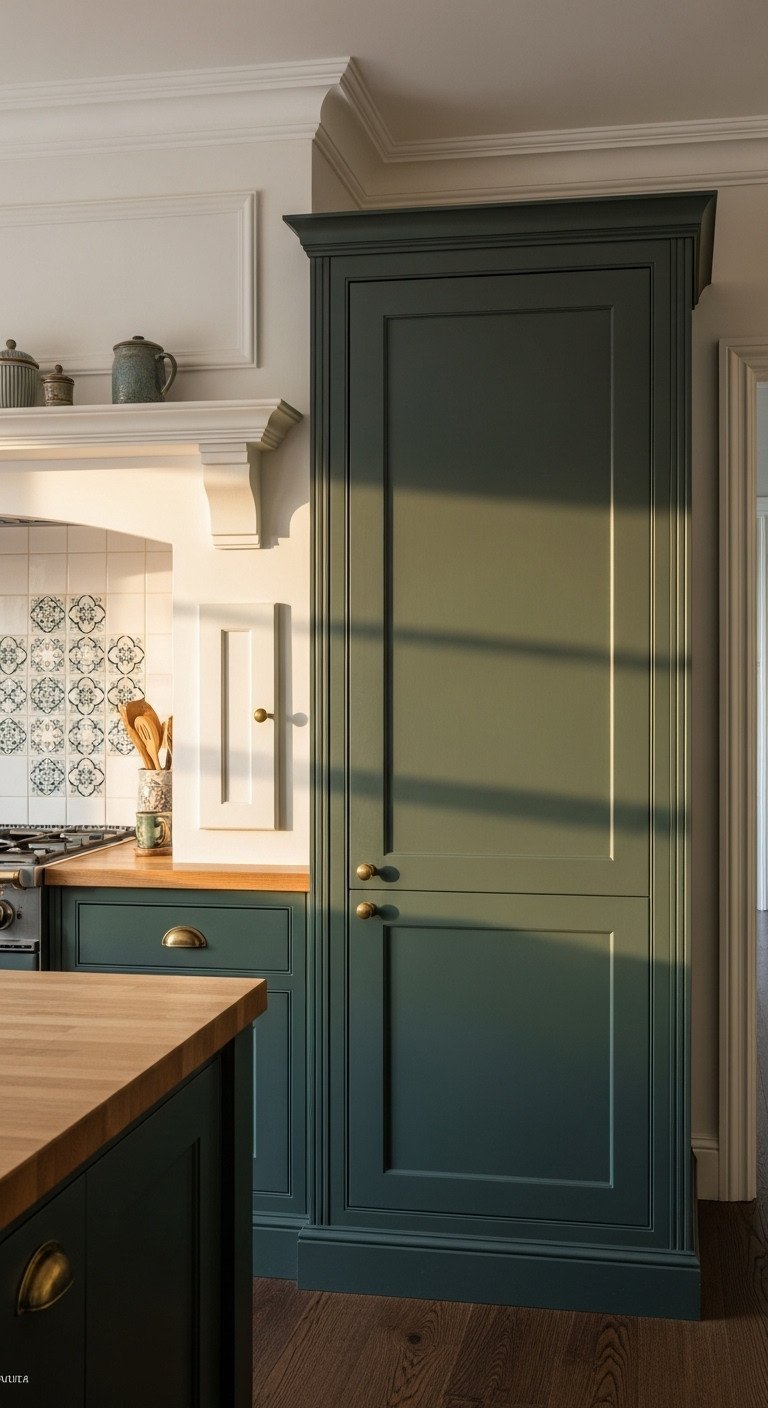 Heritage kitchen with dark hunter green inset cabinets, antique brass hardware, butcher block counter, patterned tile. Luxurious.