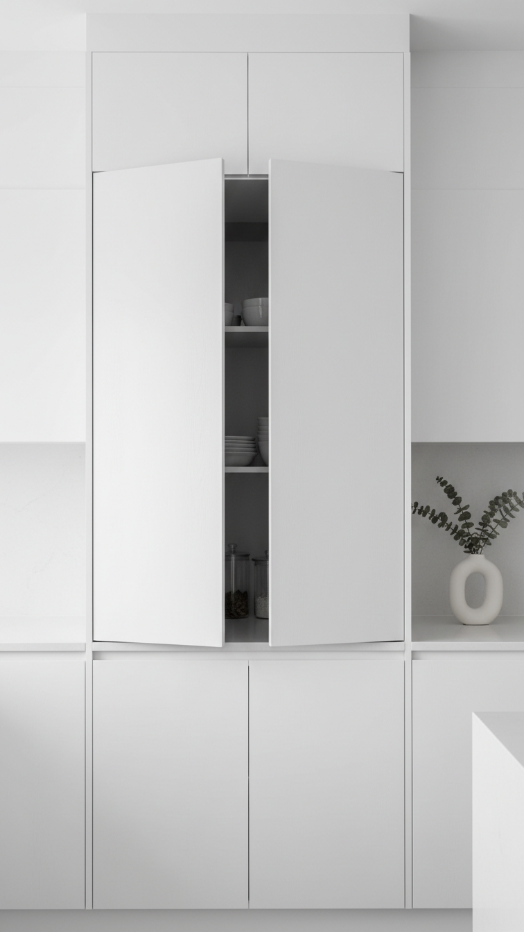 Hidden butler's pantry entrance seamlessly integrated into sleek, handleless white kitchen cabinetry. Modern, smart kitchen design ideas.