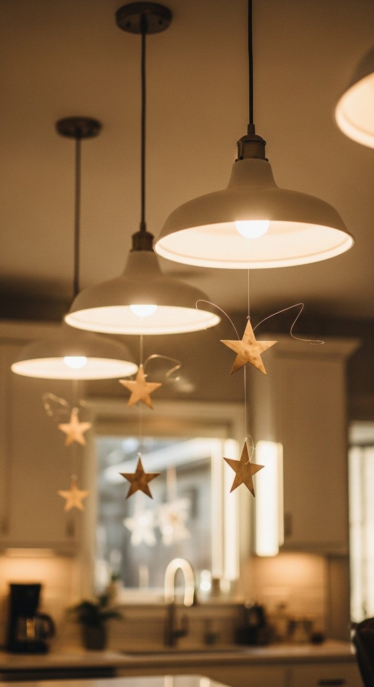 High-ceiling kitchen with three white pendant lights featuring floating metallic star ornaments for elegant Christmas decor.