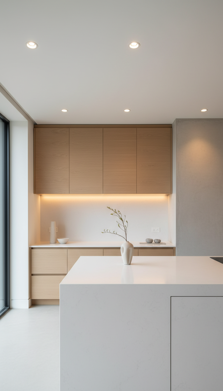 High-design modern kitchen: integrated architectural lighting with LED strips, wall grazing, recessed island lights. Sleek minimalist.