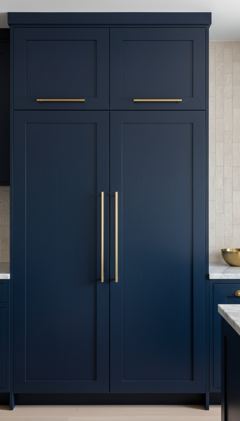 High-end kitchen with integrated fridge and freezer columns concealed behind sleek dark blue custom cabinet panels and brass handles.