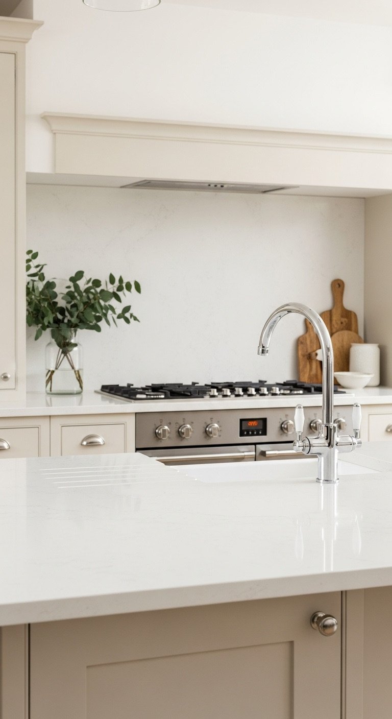 High-end kitchen with warm cream shaker cabinets, pure white quartz countertop, elegant glass vase, wooden board, chrome faucet, bright daylight.
