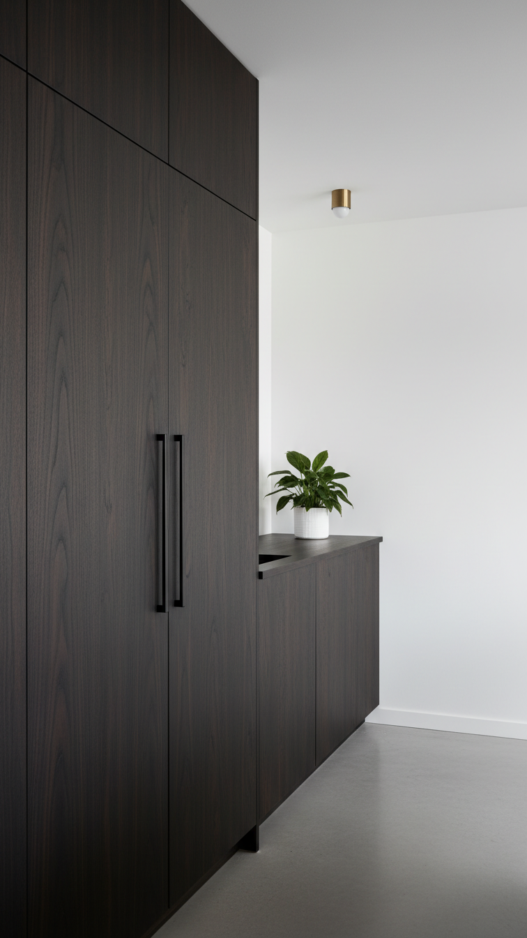 High-end modern dark wood kitchen featuring handleless floor-to-ceiling cabinetry with integrated appliances, concrete floor.