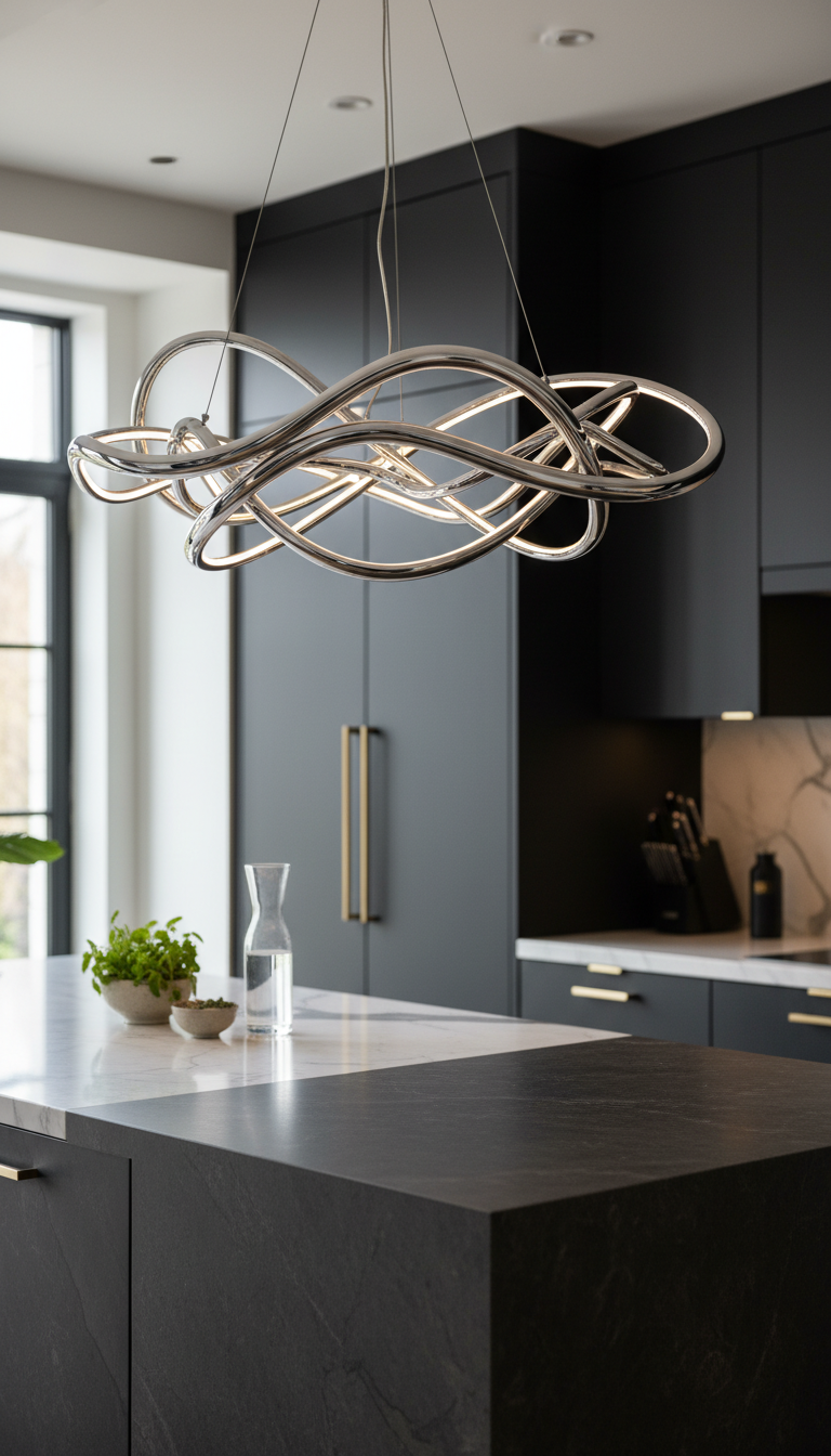 High-end modern kitchen featuring an oversized, abstract metallic sculptural chandelier above a dark stone island. Polished chrome design.