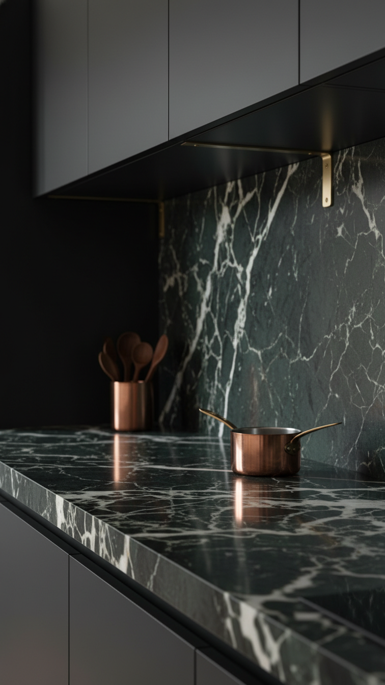 High-end moody kitchen with dark marble countertop extending to a full-height marble backsplash, showcasing dramatic veining and brass accents.