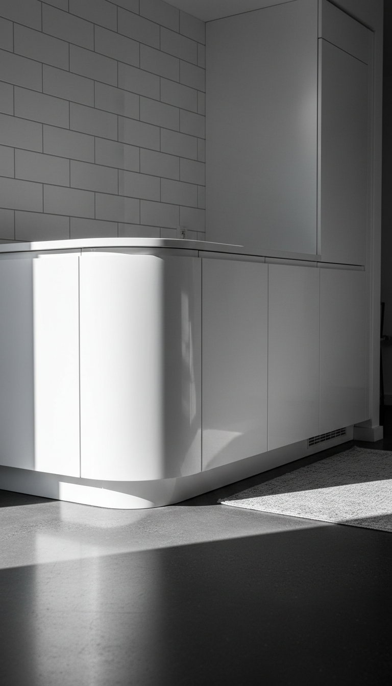 High-gloss white curved base kitchen cabinets reflecting light, seamless fluid design on dark concrete floor.