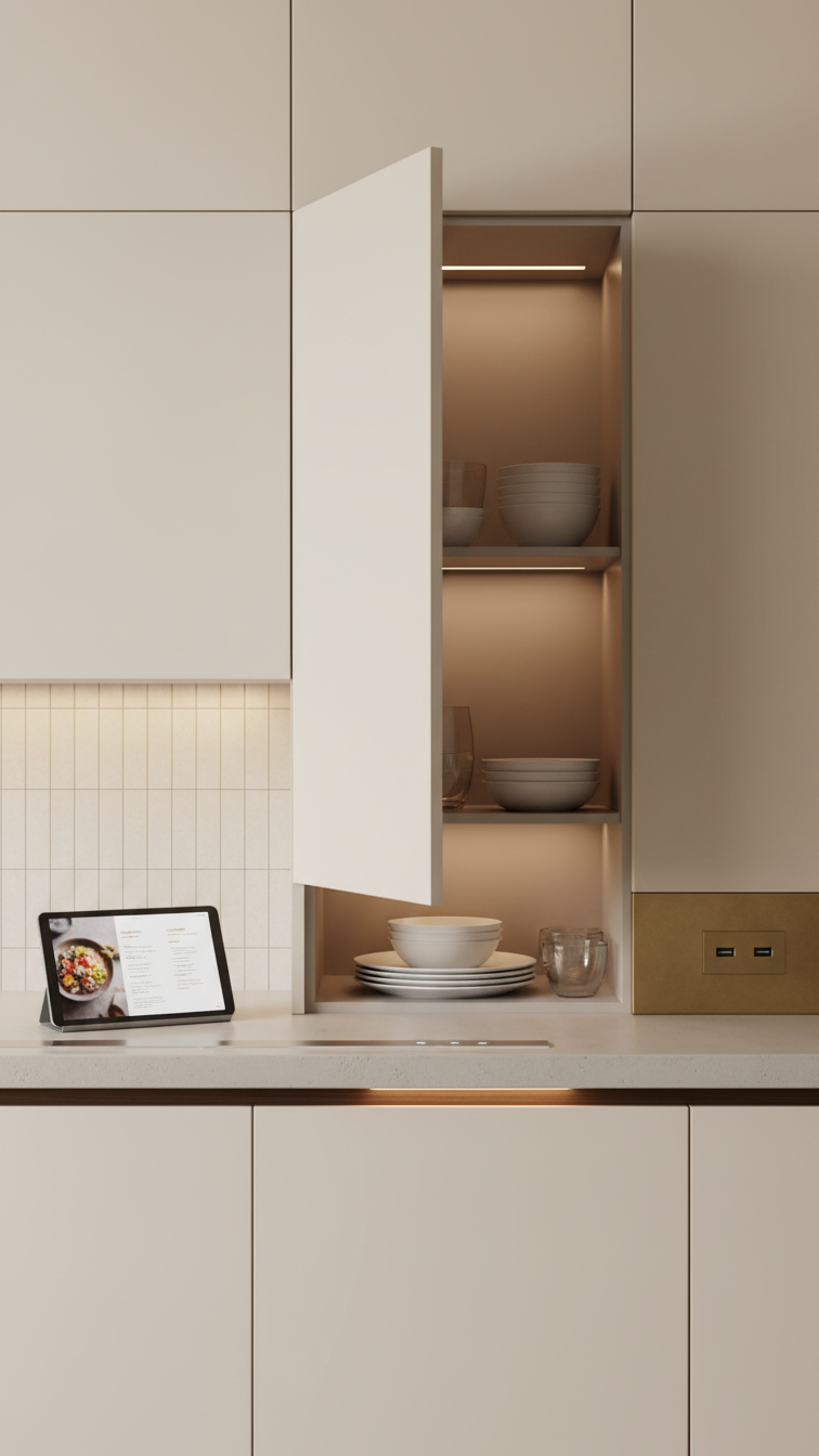 Modern Handleless Kitchen Design: 11 Ideas For Seamless Style 10 High-tech handleless kitchen with smart automatic cabinet opening via foot sensor, soft interior light. Modern, innovative design.