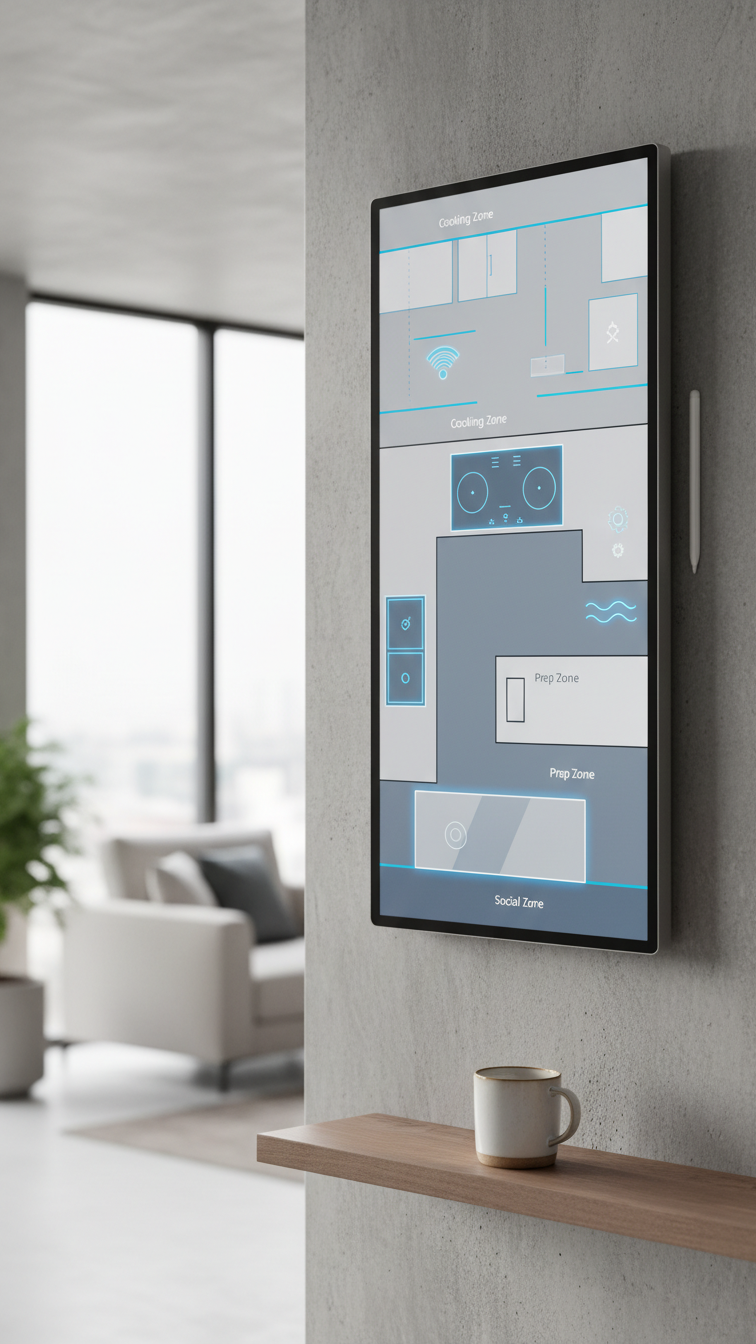 High-tech minimalist kitchen blueprint on digital wall panel, showing smart cooking, prep zones & tech integration in elegant grays and blues.