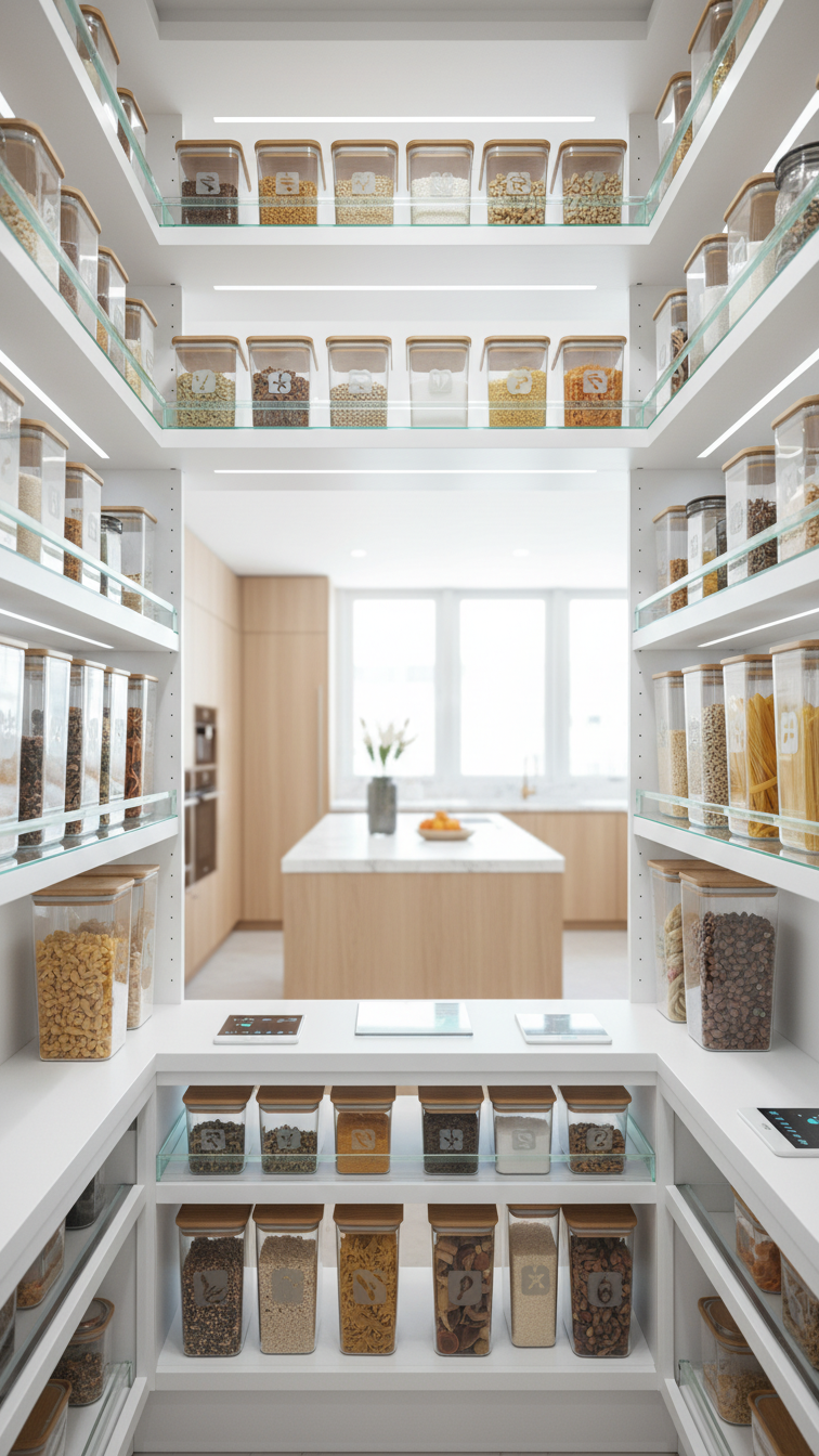 Highly organized smart pantry with integrated storage solutions, sensors, digital weight scales & clear labeling. Efficient kitchen tech.