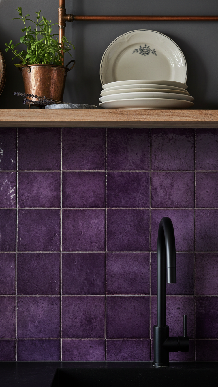 Highly reflective amethyst purple zellige tile backsplash, dark charcoal cabinets, and light wood shelf with dramatic lighting.