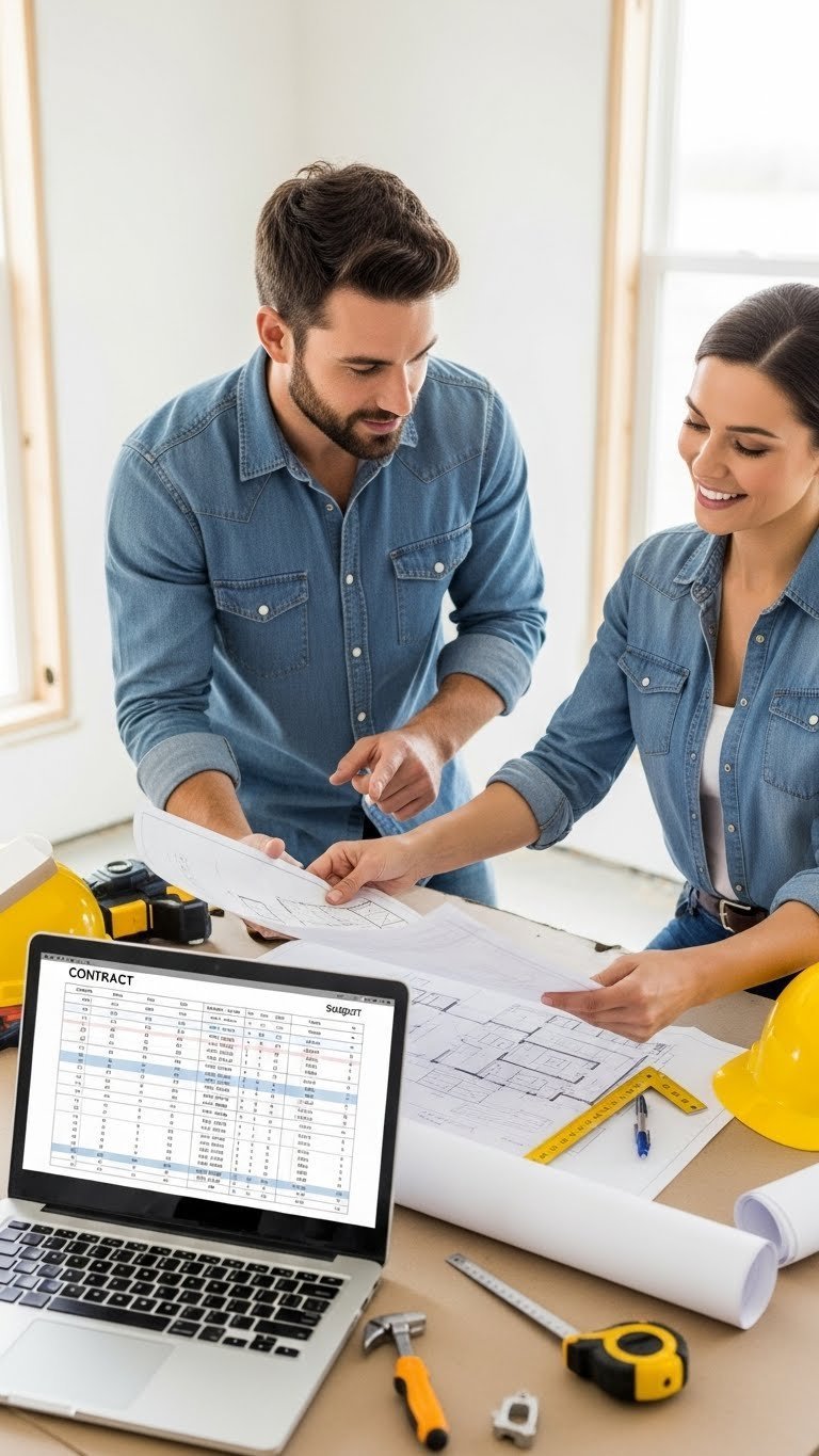 Homeowner and contractor review blueprints and budget on job site, discussing financial planning for an open kitchen remodel.