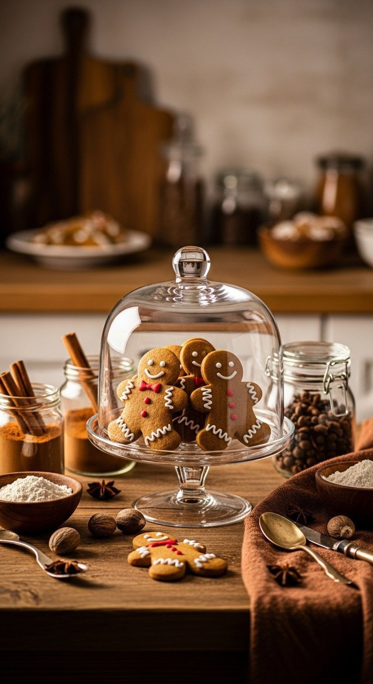 Homey kitchen display featuring gingerbread men cookies under glass dome, spice jars, and warm textiles on a rustic table.