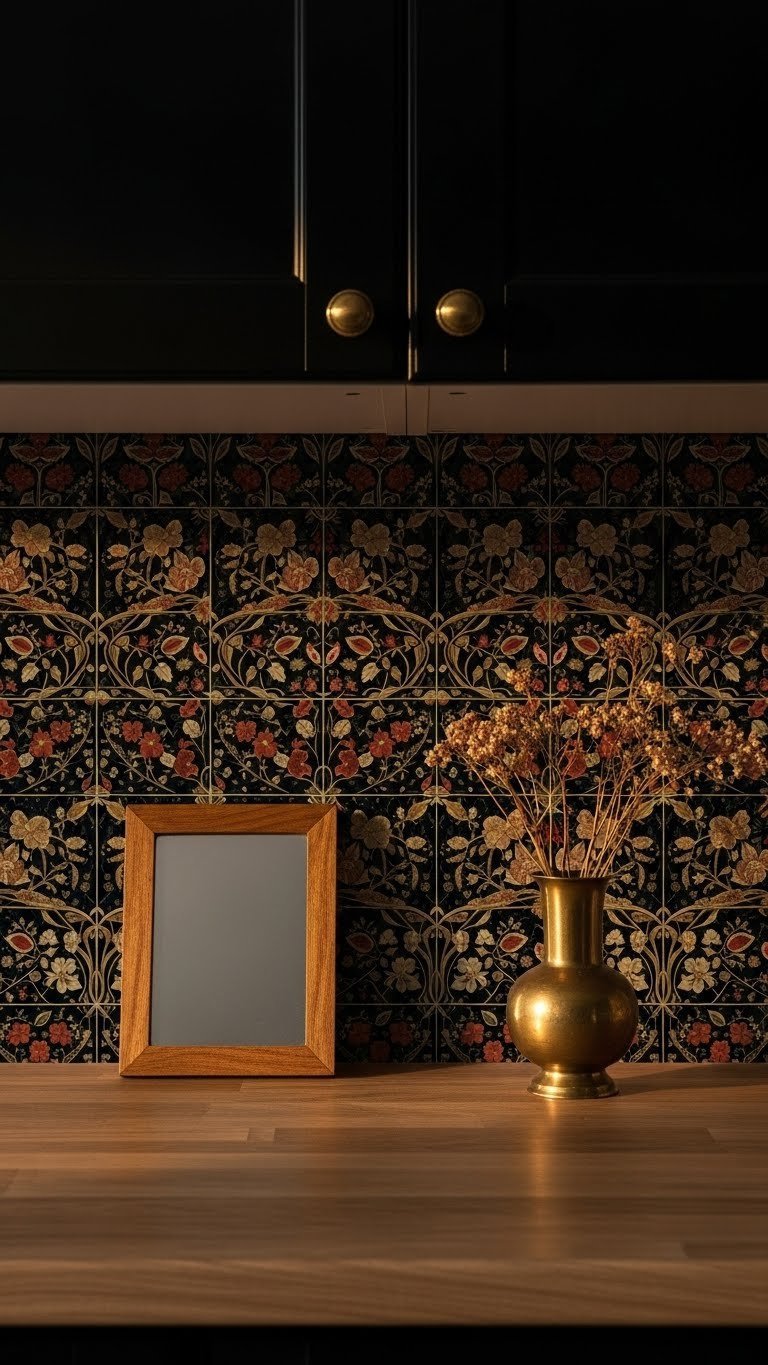 Homey kitchen with dark floral peel and stick backsplash, Art Nouveau style, brass vase, and dried flowers on a wooden countertop.