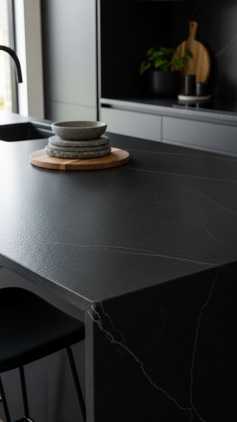 Honed black granite countertop with waterfall edge on a dark kitchen island, paired with matte black cabinets and wood accents.