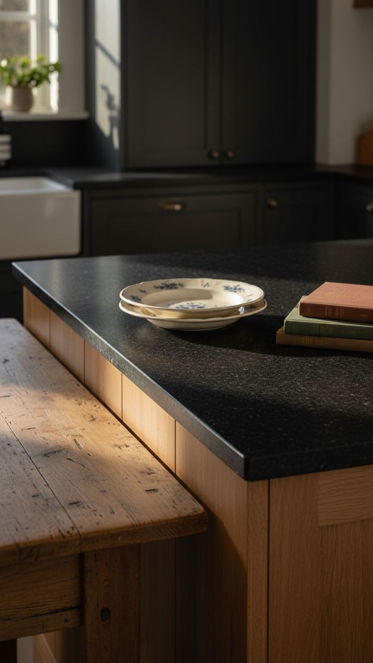 Honed black granite kitchen countertops with warm wood cabinetry, vintage ceramic plates, and cookbooks in a moody, rustic kitchen.