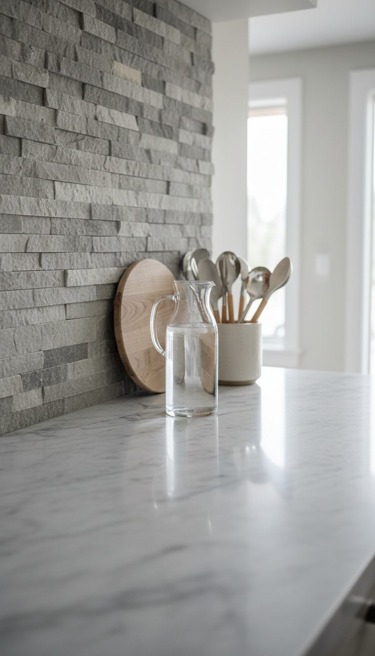 Honed light gray marble countertop, natural stone backsplash. Modern kitchen with elegant utensils, pitcher, clean, fresh monochromatic design.