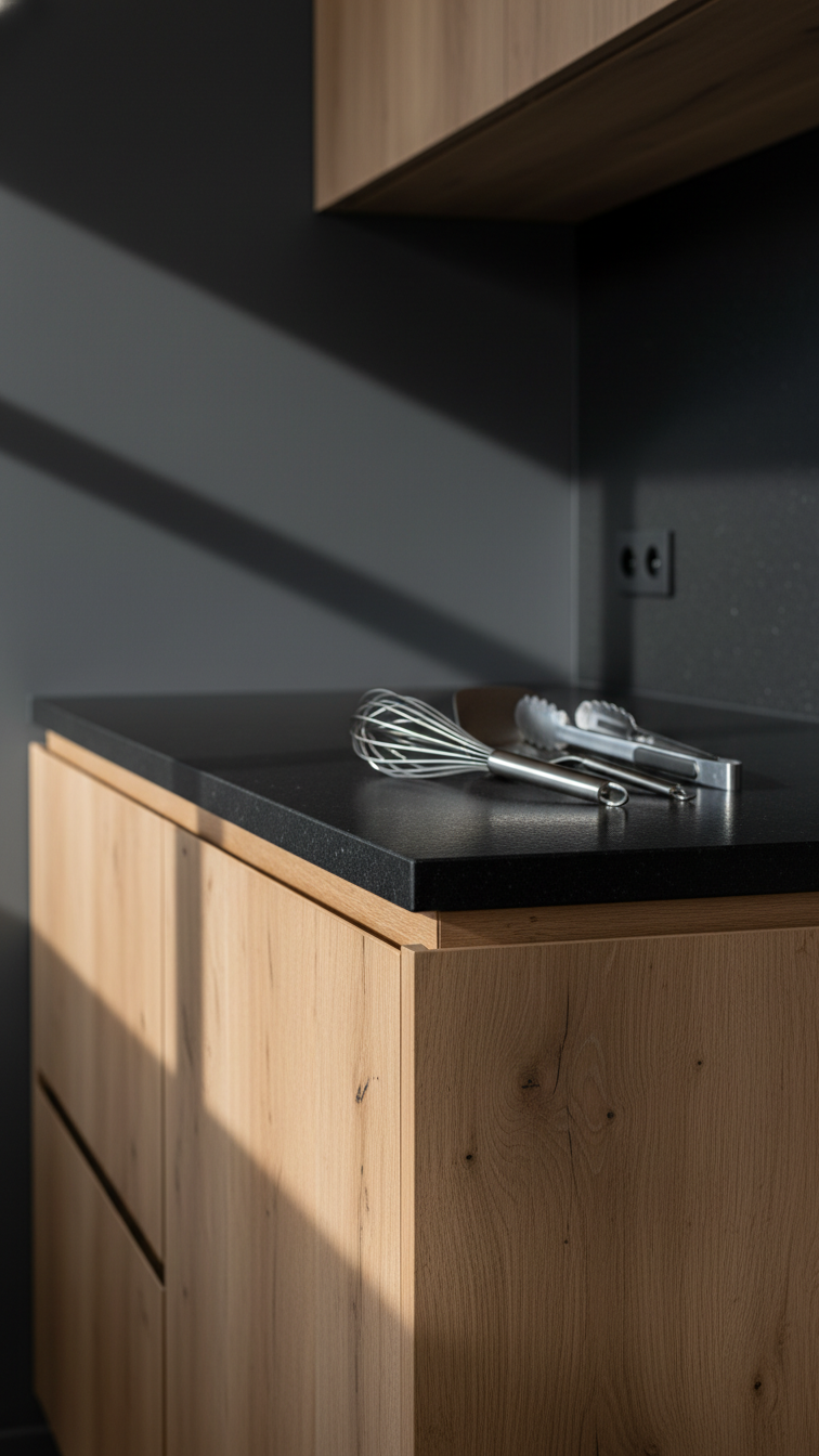 Honed matte black granite countertop extending from natural wood cabinets, stainless steel tools. Elegant kitchen contrast.