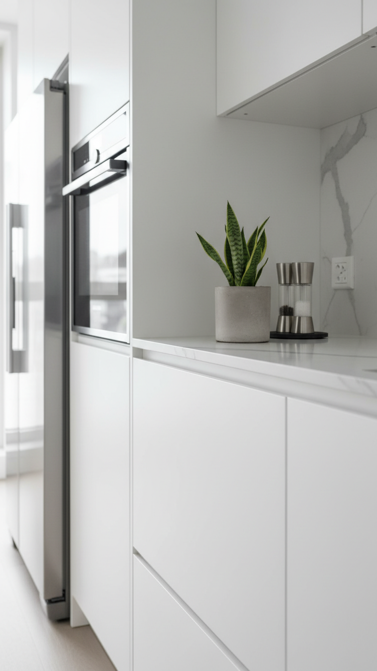 Hyperrealistic minimalist kitchen with white flat-panel frameless cabinets, sleek stainless steel appliances, and a marble countertop.