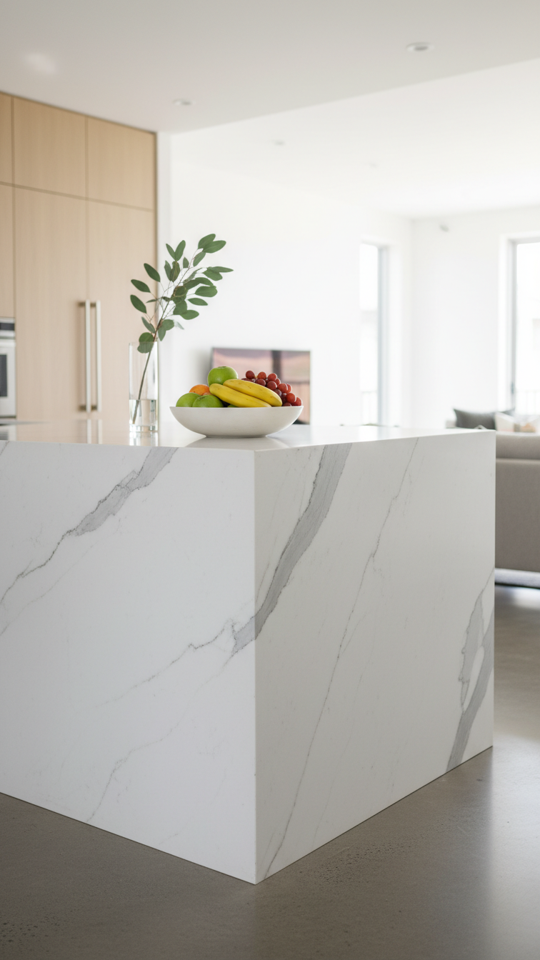 Hyperrealistic photo of a modern waterfall kitchen island with thick white quartz countertop, sharp 90-degree corner, and sleek lines. Minimalist design, bright and airy.