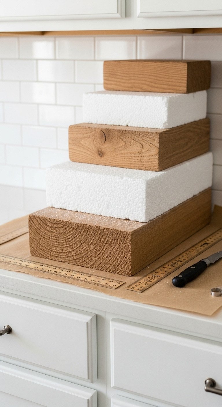 In-progress DIY staging system with wood blocks, styrofoam risers, and faux snow blanket for cabinet decor.