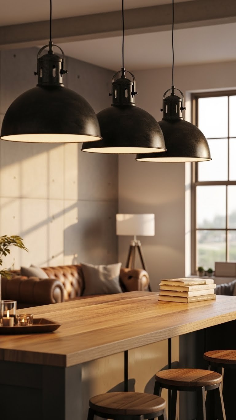 Industrial black dome pendant lights over wooden kitchen island. Warm living room ambient light creates zoned modern home design.