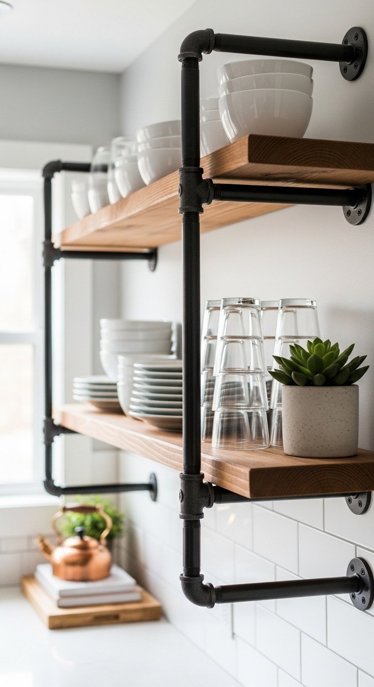 Industrial black iron pipe shelves with reclaimed wood planks holding white dishes and a succulent on a light grey wall.