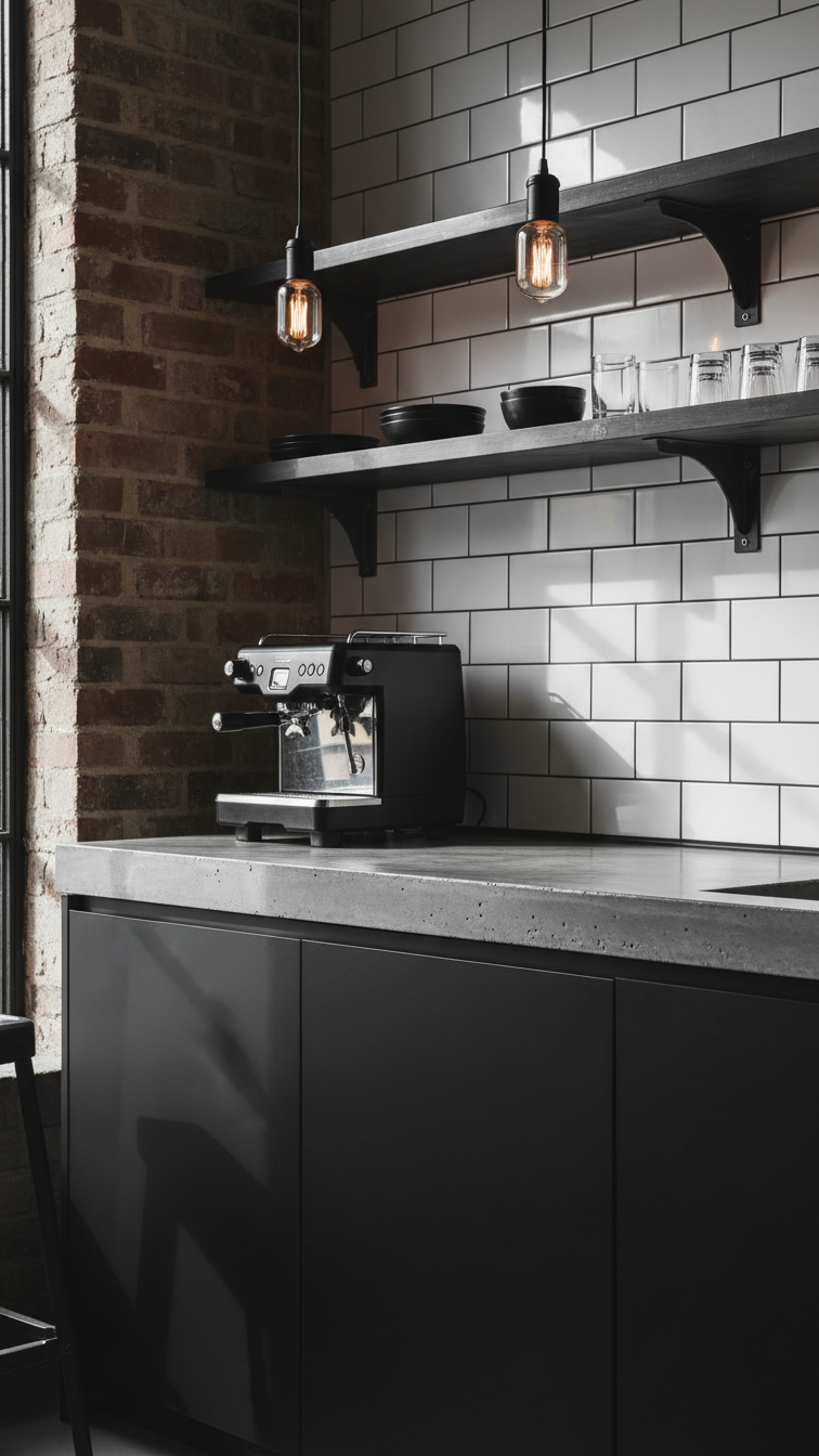 Industrial black kitchen with sleek frameless cabinets, concrete countertop, steel shelving, espresso machine, and dark stools.