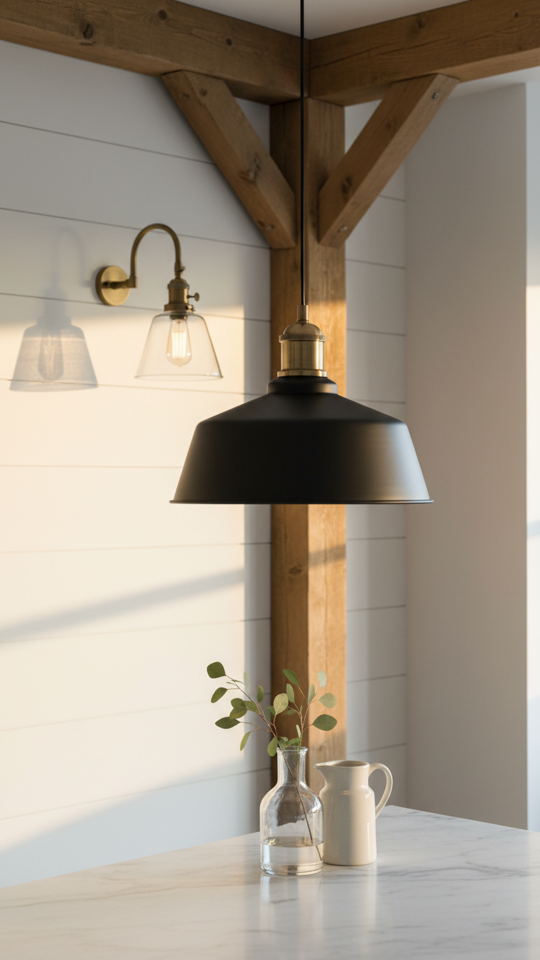 Industrial black metal pendant light and vintage wall sconce over a white kitchen island, showcasing modern farmhouse lighting.