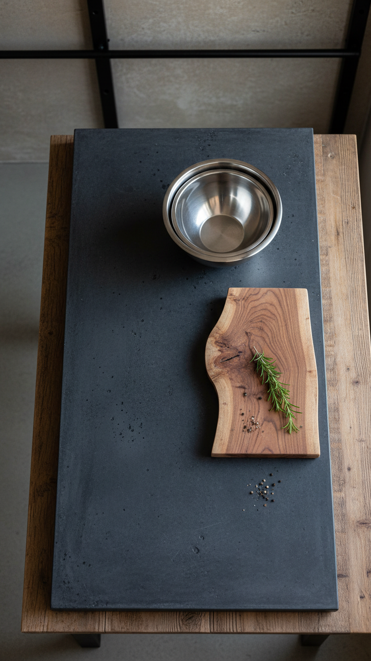Industrial charcoal concrete kitchen countertops with textured matte finish. Stainless steel bowls and raw timber cutting board on a rustic table.