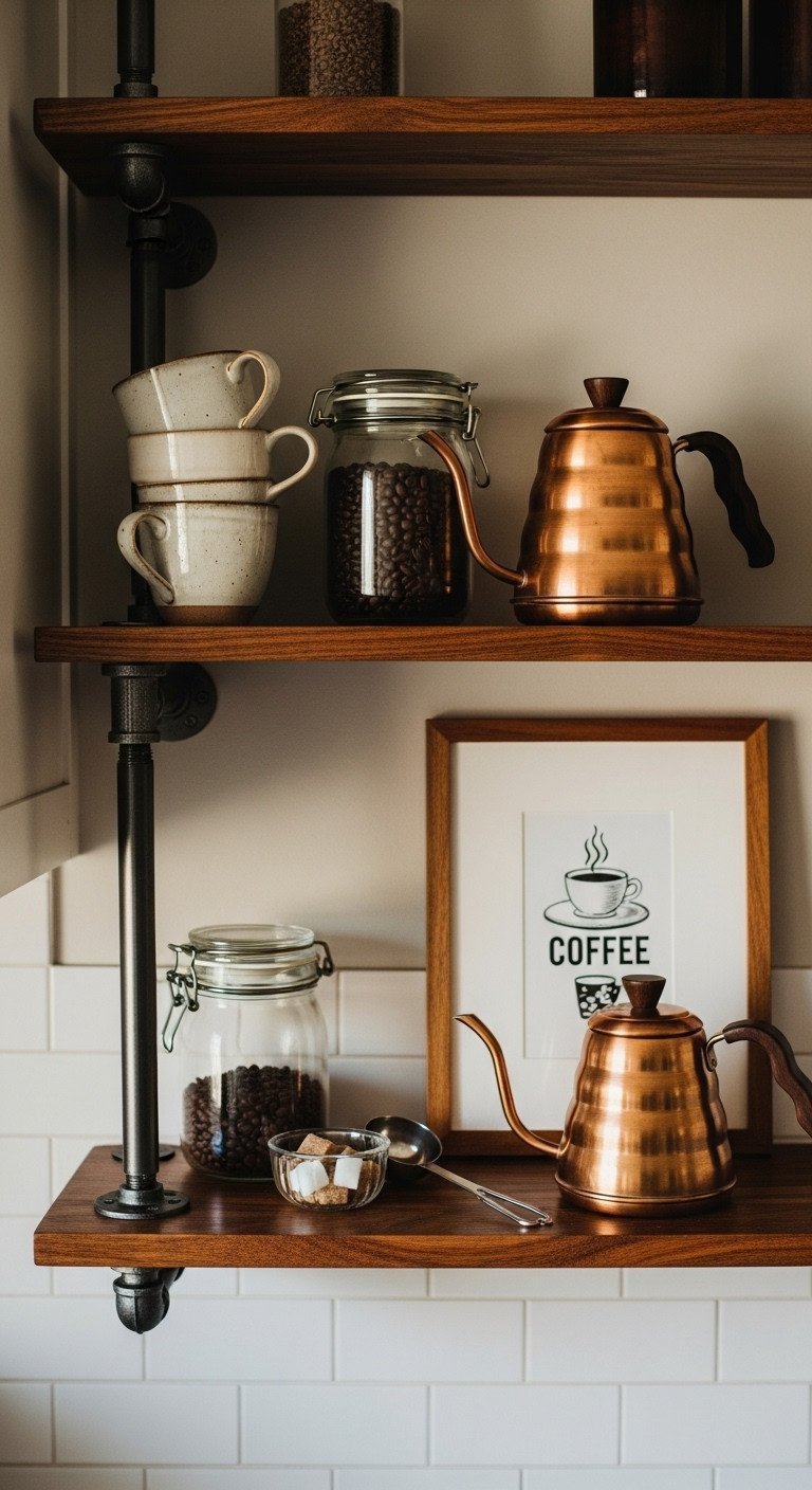 Industrial coffee station on a dark wood shelf with pipe fittings, a copper kettle, coffee beans, and stacked mugs.
