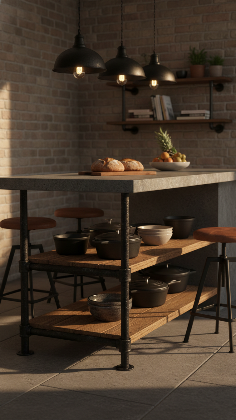 Industrial farmhouse kitchen island featuring concrete countertop, dark metal frame, rough-sawn wood shelves, and leather stools.
