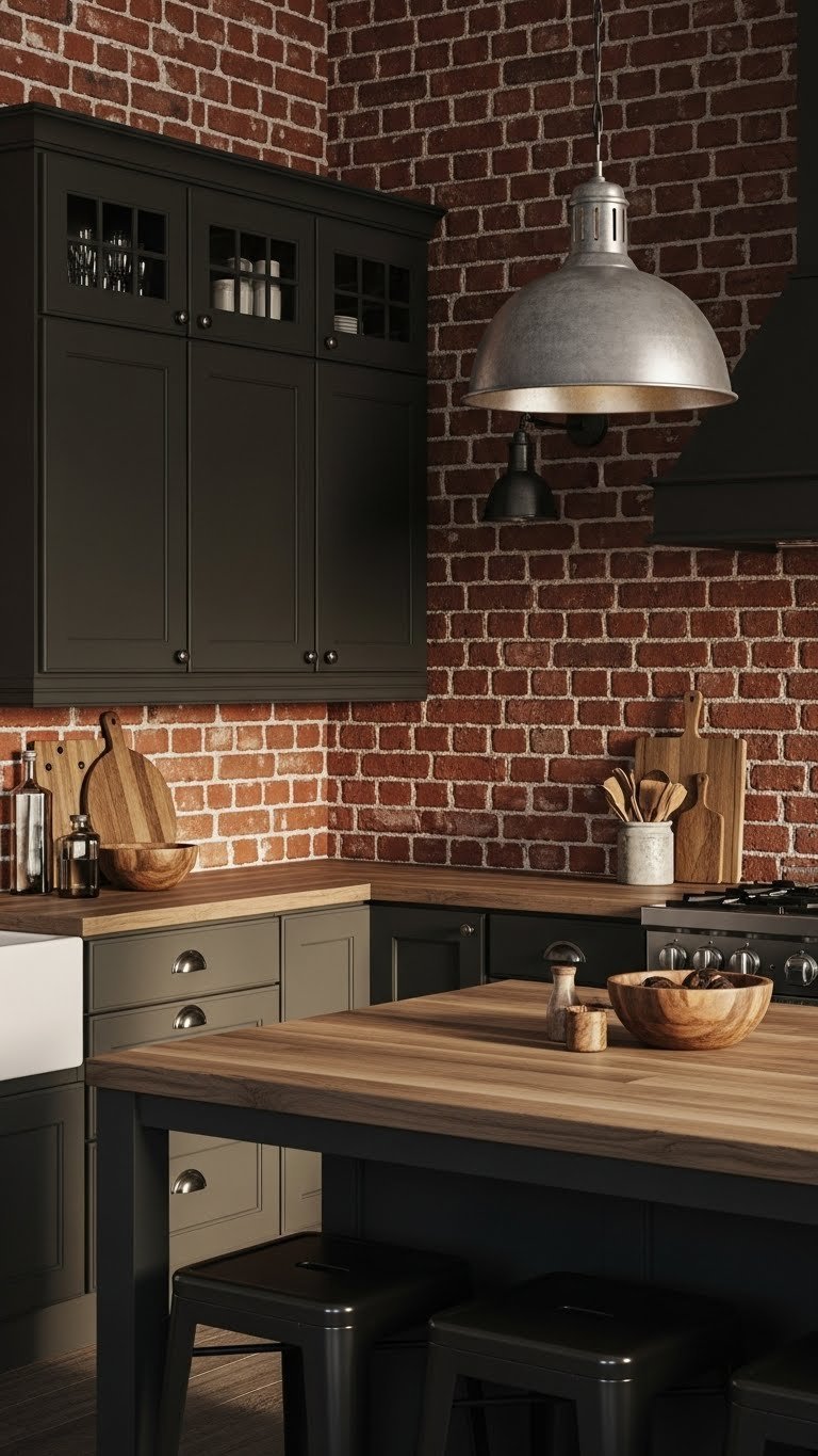 Industrial farmhouse kitchen with dark shaker cabinets, exposed brick, wood countertops, and metal pendant lighting.