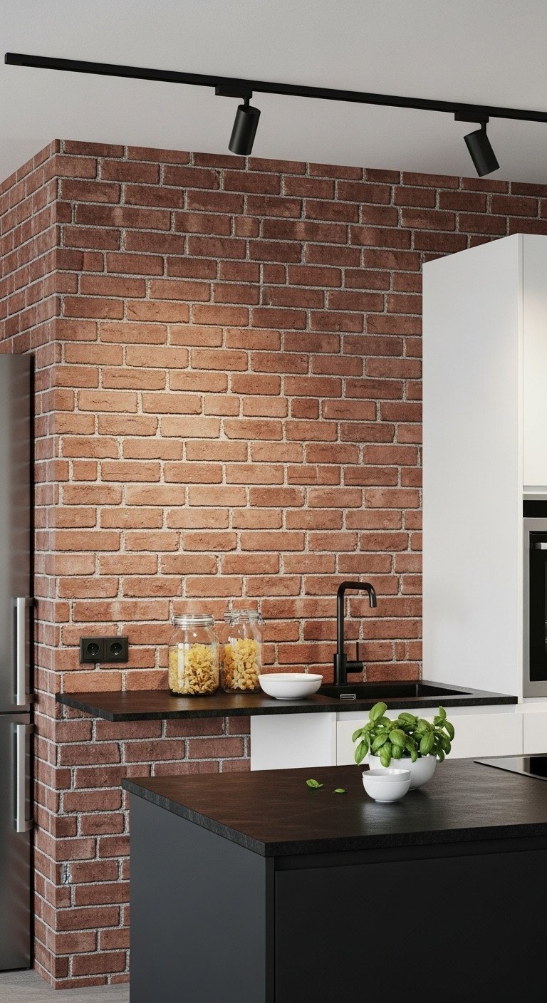 Industrial kitchen accent wall with textured red-brown faux brick panels behind a minimalist black countertop with basil.