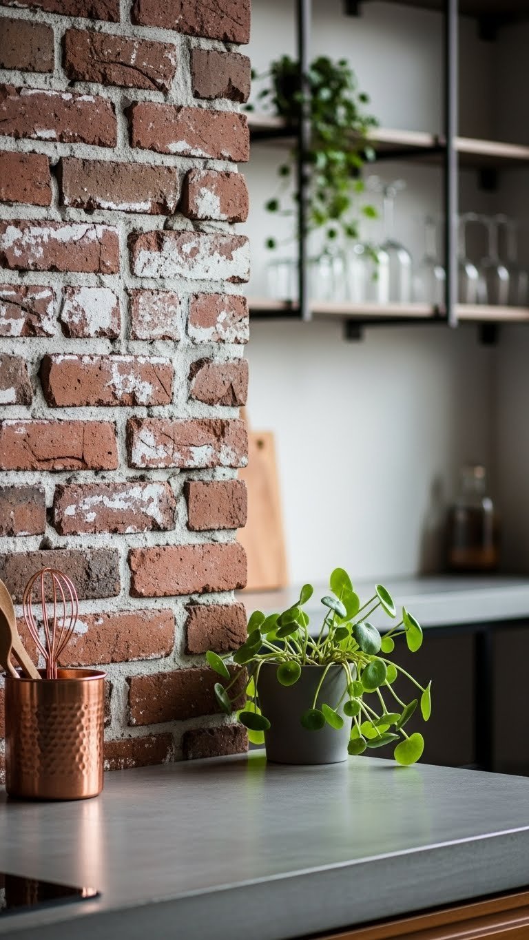 Industrial kitchen detail: Exposed brick wall and raw concrete countertop intersection. Earthy terracotta, warm gray, modern home design.