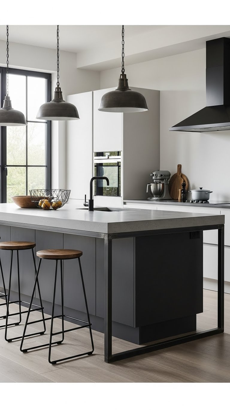 Industrial kitchen island with black metal base, concrete countertop, divides open concept kitchen and living. Modern design.