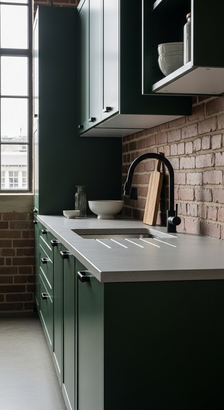 Gorgeous Green And Brown Kitchen Ideas That Wont Look Dark 9 Industrial kitchen with dark hunter green cabinets, a light gray concrete countertop, and an exposed brick backsplash.