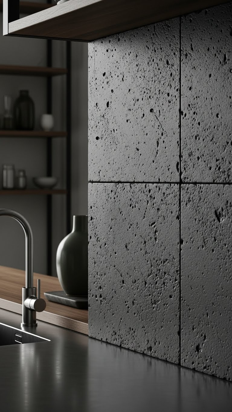 Industrial kitchen with raw charcoal concrete backsplash, authentic imperfections, stainless steel faucet, and dark green vase on a wood countertop.