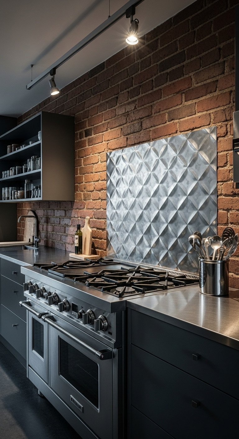 Industrial loft kitchen with a textured quilted stainless steel backsplash behind a professional gas stove and brick walls.
