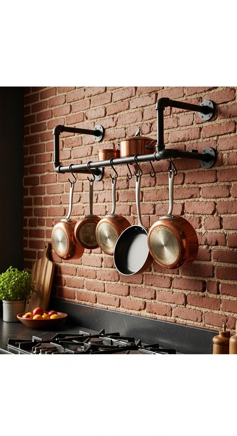 Industrial matte black pipe pot rack mounted on an exposed red brick kitchen wall, holding copper and steel pans.