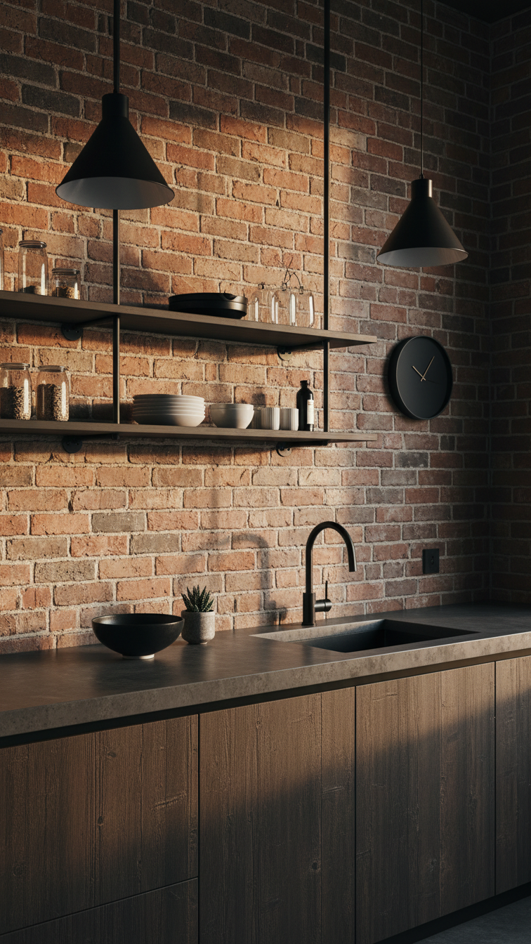 Industrial-modern loft kitchen: dark raw wood cabinets, exposed brick, matte black fixtures, concrete counter.