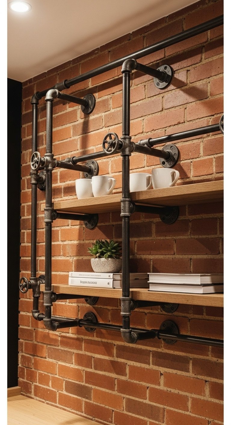 Industrial-style kitchen shelving made from dark metal pipes and wood planks mounted on an exposed red brick wall.