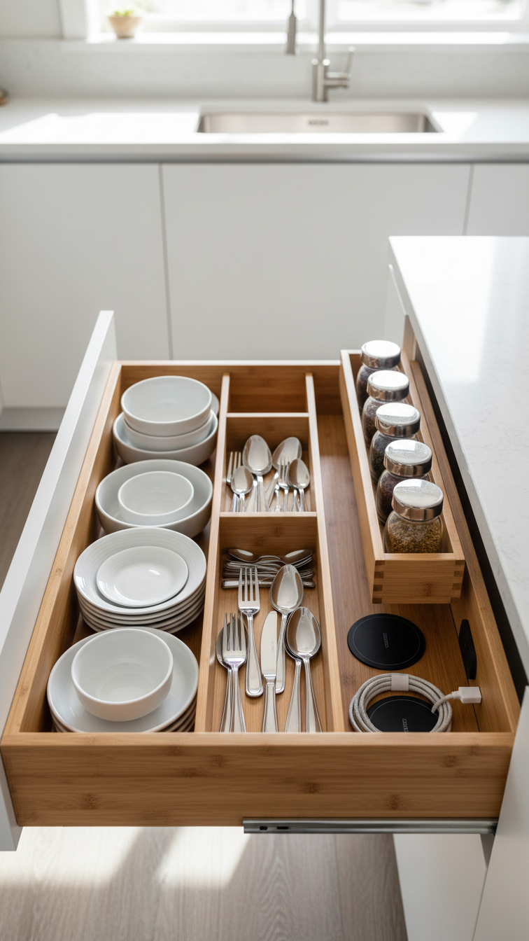 Innovative small kitchen features deep drawer with bamboo dividers, organized cutlery, and smart charging station for efficiency.