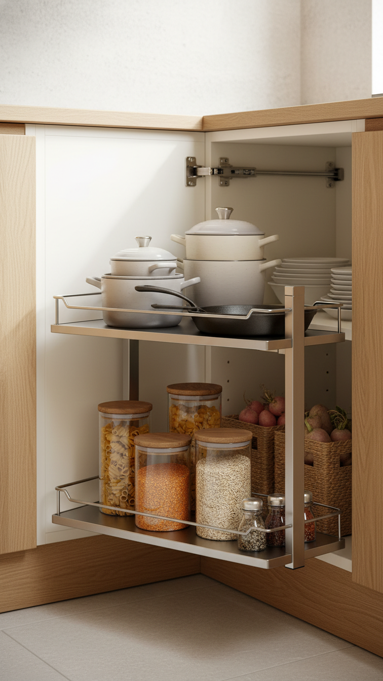 Innovative small kitchen's extended pull-out pantry reveals organized pots, pans, and dry goods for efficient storage.