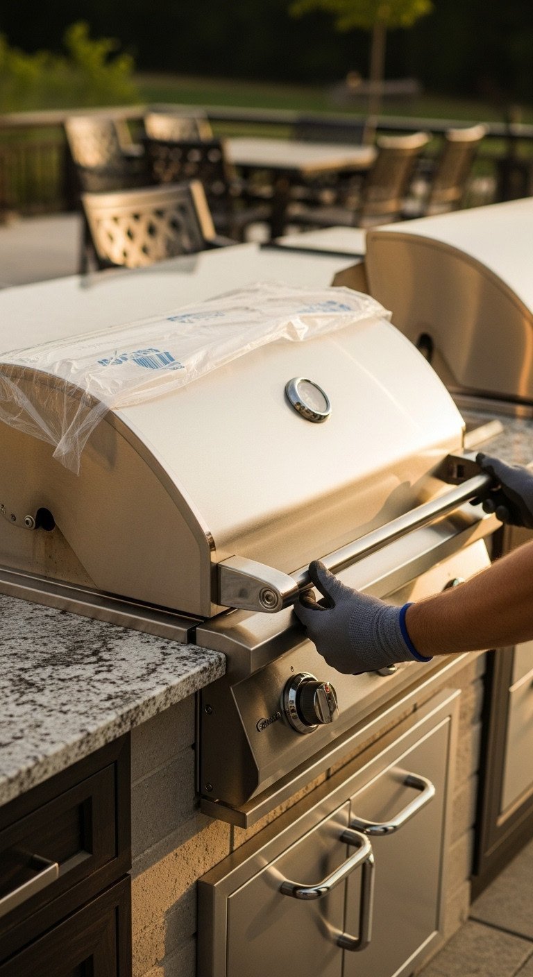 Brilliant Outdoor Kitchen Design Plans To Avoid Costly Mistakes 7 Installer’s gloved hands lowering a new 36-inch stainless steel built-in grill into a custom-cut granite countertop.